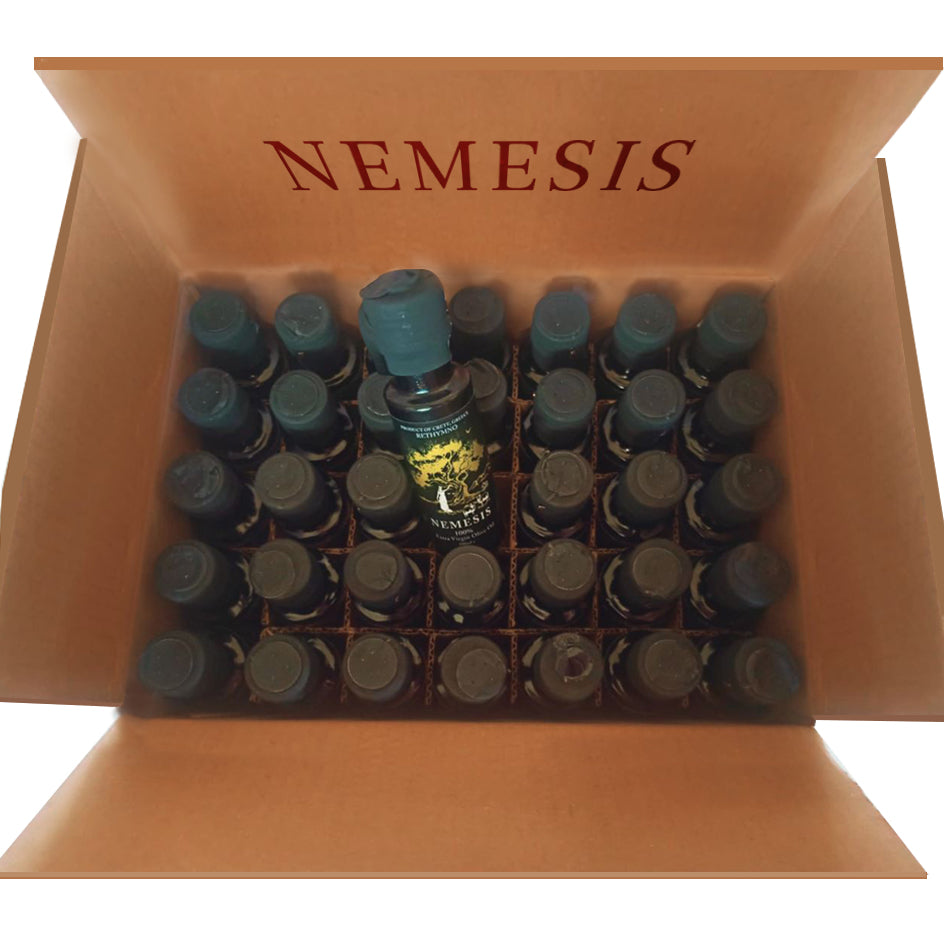 Box of 35 Nemesis Extra Virgin Olive Oil bottles 100 ml